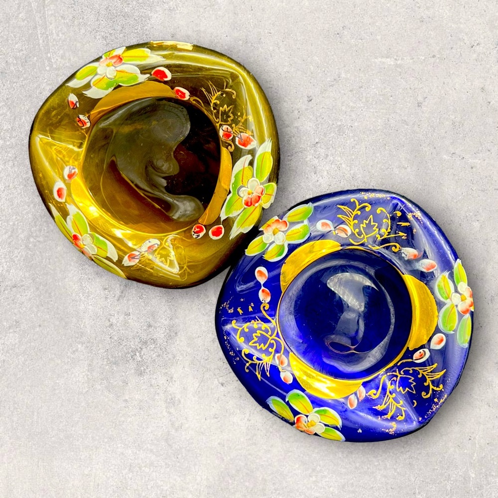 Vintage Pair Czech Bohemian Blue & Gold Hand Blown Hand Painted Ashtrays Bowls